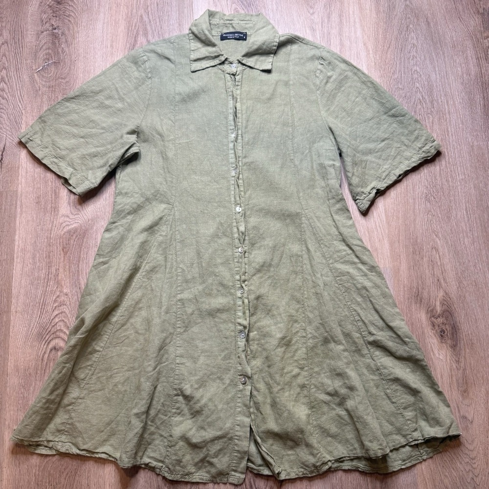 Francesca Bettini Made in Italy Linen Olive Green Dress Button S